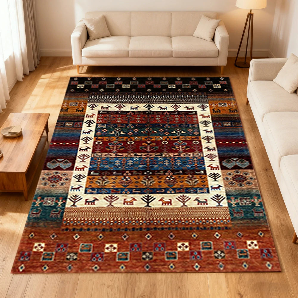 LIVARA 160/200cm Loop-Pile Rug - Upgraded Non-Slip Eco Cotton-Latex Backing - Layered Tribal Borders, Rich Texture Pattern, Soft & Durable - Multi-Color