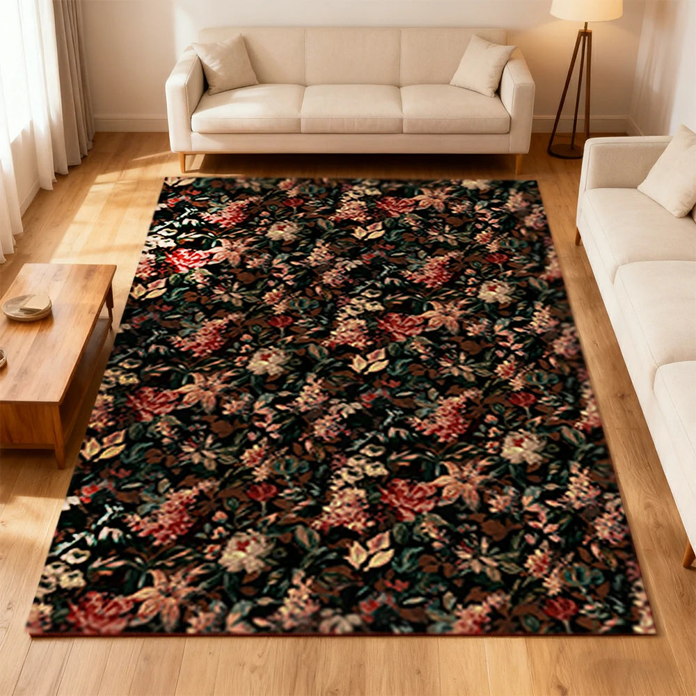 LIVARA 160/200cm Loop-Pile Rug - Upgraded Non-Slip Eco Cotton-Latex Backing - Botanical Floral Design, Dense Vintage Texture, Soft & Durable - Dark Floral