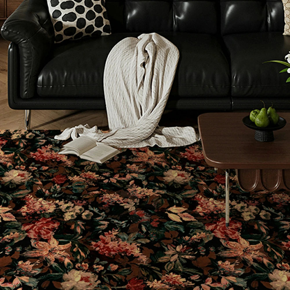 LIVARA 160/200cm Loop-Pile Rug - Upgraded Non-Slip Eco Cotton-Latex Backing - Botanical Floral Design, Dense Vintage Texture, Soft & Durable - Dark Floral