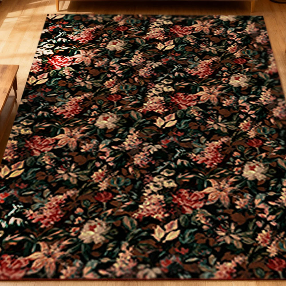 LIVARA 160/200cm Loop-Pile Rug - Upgraded Non-Slip Eco Cotton-Latex Backing - Botanical Floral Design, Dense Vintage Texture, Soft & Durable - Dark Floral