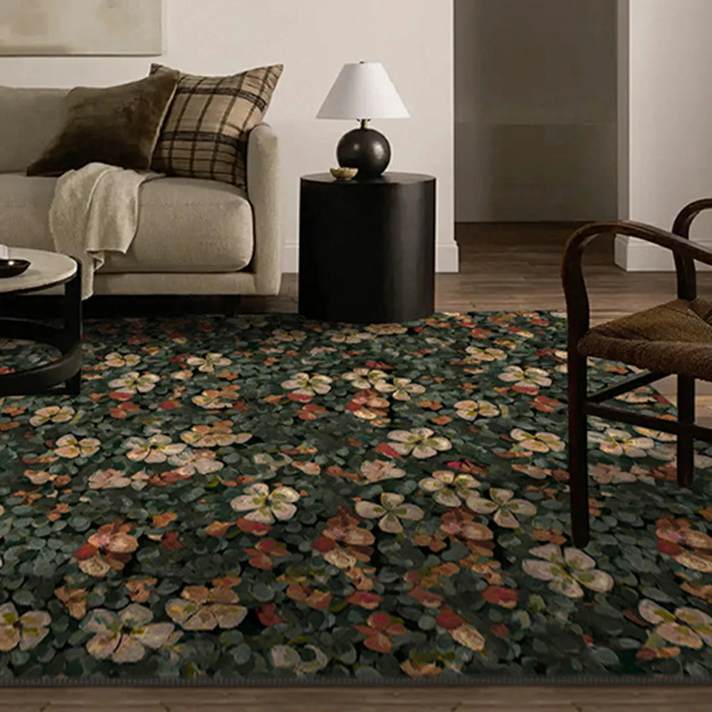 LIVARA 160/200cm Loop-Pile Rug - Upgraded Non-Slip Eco Cotton-Latex Backing - Botanical Motif, Cozy Vintage Texture, Soft & Durable - Clover Green