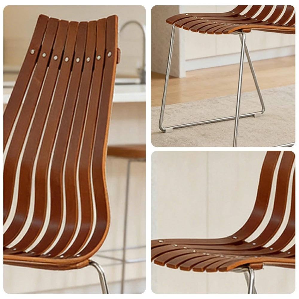 LIVARA Vintage Dining Chair - Curved Wooden Slat Seat with Metal Frame, Ergonomic Backrest, Stackable Design, Seat Height 44cm - Walnut Brown