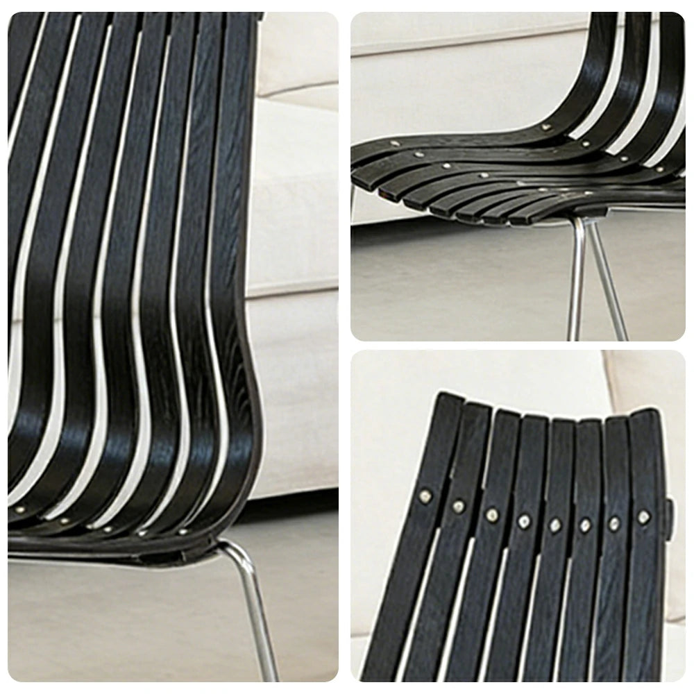 LIVARA Vintage Dining Chair - Curved Wooden Slat Seat with Metal Frame, Ergonomic Backrest, Stackable Design, Seat Height 44cm - Black