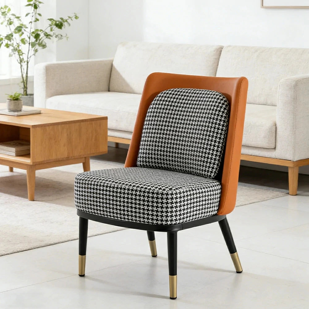 LIVARA Modern Accent Lounge Chair - Houndstooth Woven Upholstery with Contrast Backrest, Deep Cushioned Seat, Compact Statement Design - Houndstooth & Orange