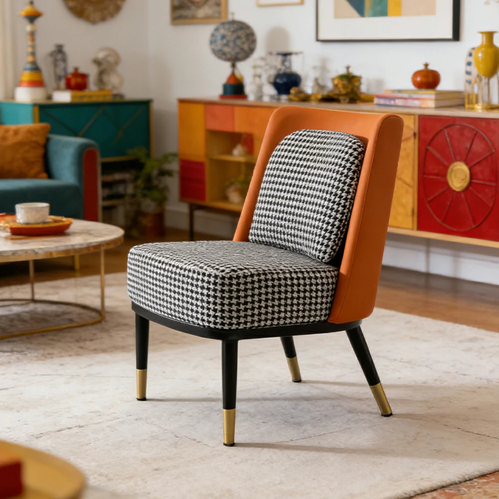 LIVARA Modern Accent Lounge Chair - Houndstooth Woven Upholstery with Contrast Backrest, Deep Cushioned Seat, Compact Statement Design - Houndstooth & Orange