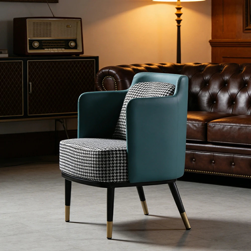 LIVARA Modern Accent Lounge Chair with Armrests - Houndstooth Woven Upholstery with Contrast Backrest, Deep Cushioned Seat, Compact Statement Design - Houndstooth & Teal Blue