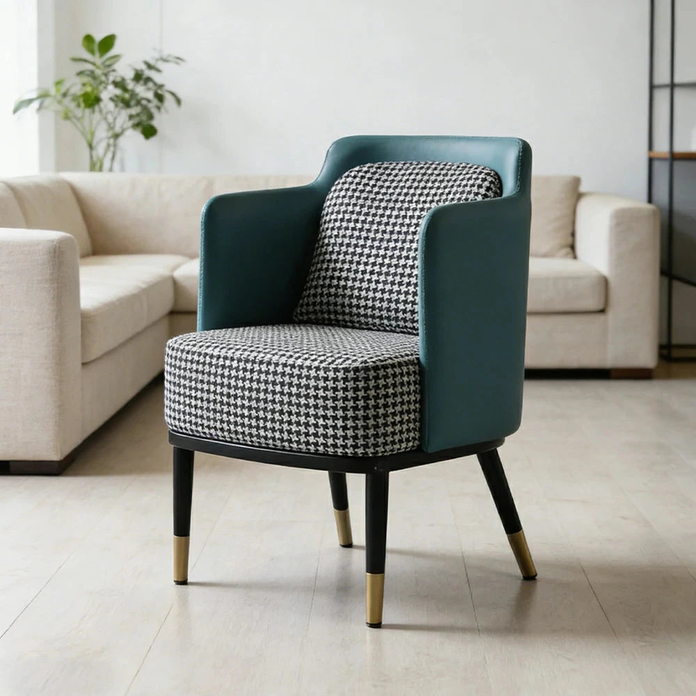 LIVARA Modern Accent Lounge Chair with Armrests - Houndstooth Woven Upholstery with Contrast Backrest, Deep Cushioned Seat, Compact Statement Design - Houndstooth & Teal Blue