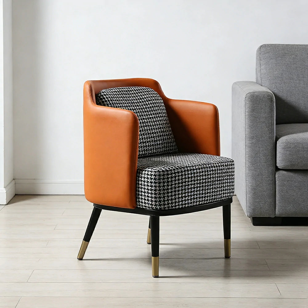 LIVARA Modern Accent Lounge Chair with Armrests - Houndstooth Woven Upholstery with Contrast Backrest, Deep Cushioned Seat, Compact Statement Design - Orange