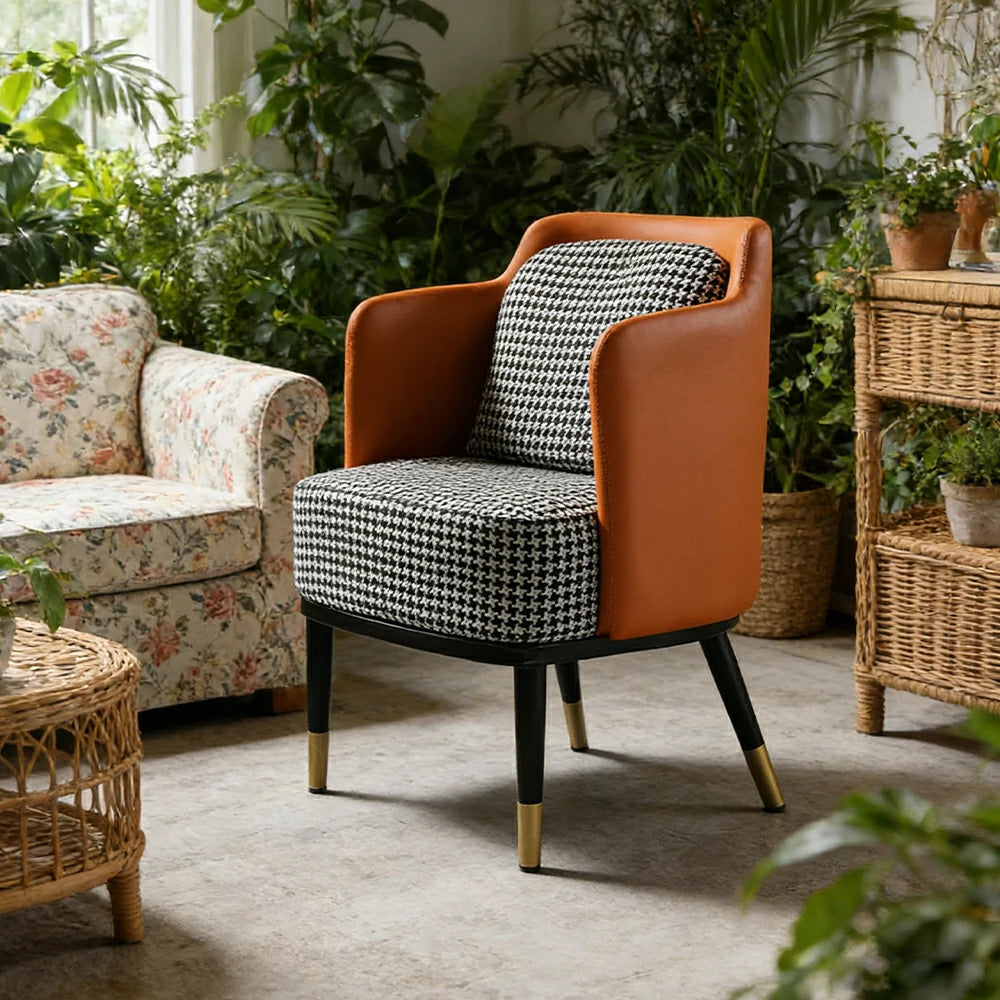 LIVARA Modern Accent Lounge Chair with Armrests - Houndstooth Woven Upholstery with Contrast Backrest, Deep Cushioned Seat, Compact Statement Design - Orange