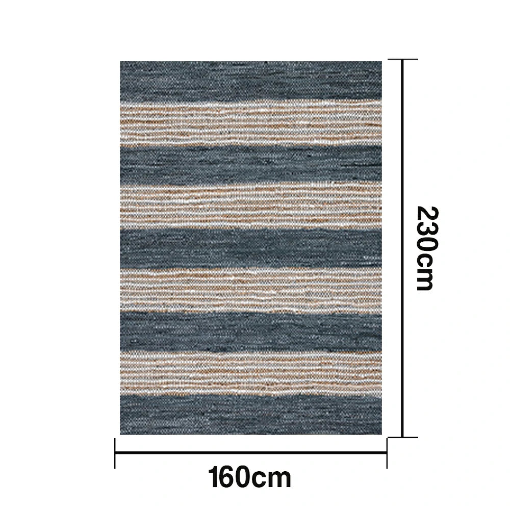 LIVARA 160/200cm Blue-Grey Stripe Loop-Pile Rug - Non-Slip Eco Cotton-Latex Backing, Soft & Durable, Easy to Clean - Coastal Sand Blue