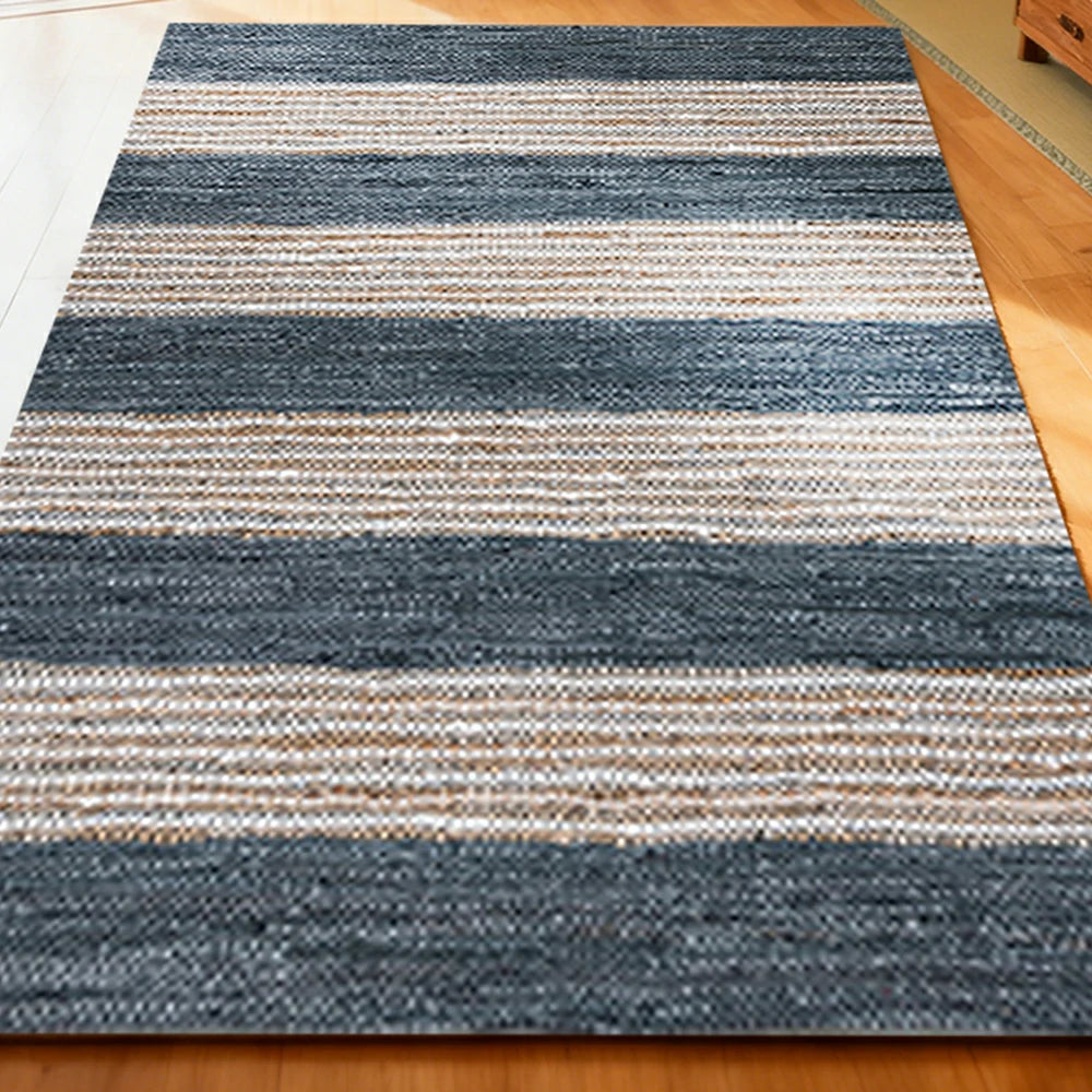 LIVARA 160/200cm Blue-Grey Stripe Loop-Pile Rug - Non-Slip Eco Cotton-Latex Backing, Soft & Durable, Easy to Clean - Coastal Sand Blue