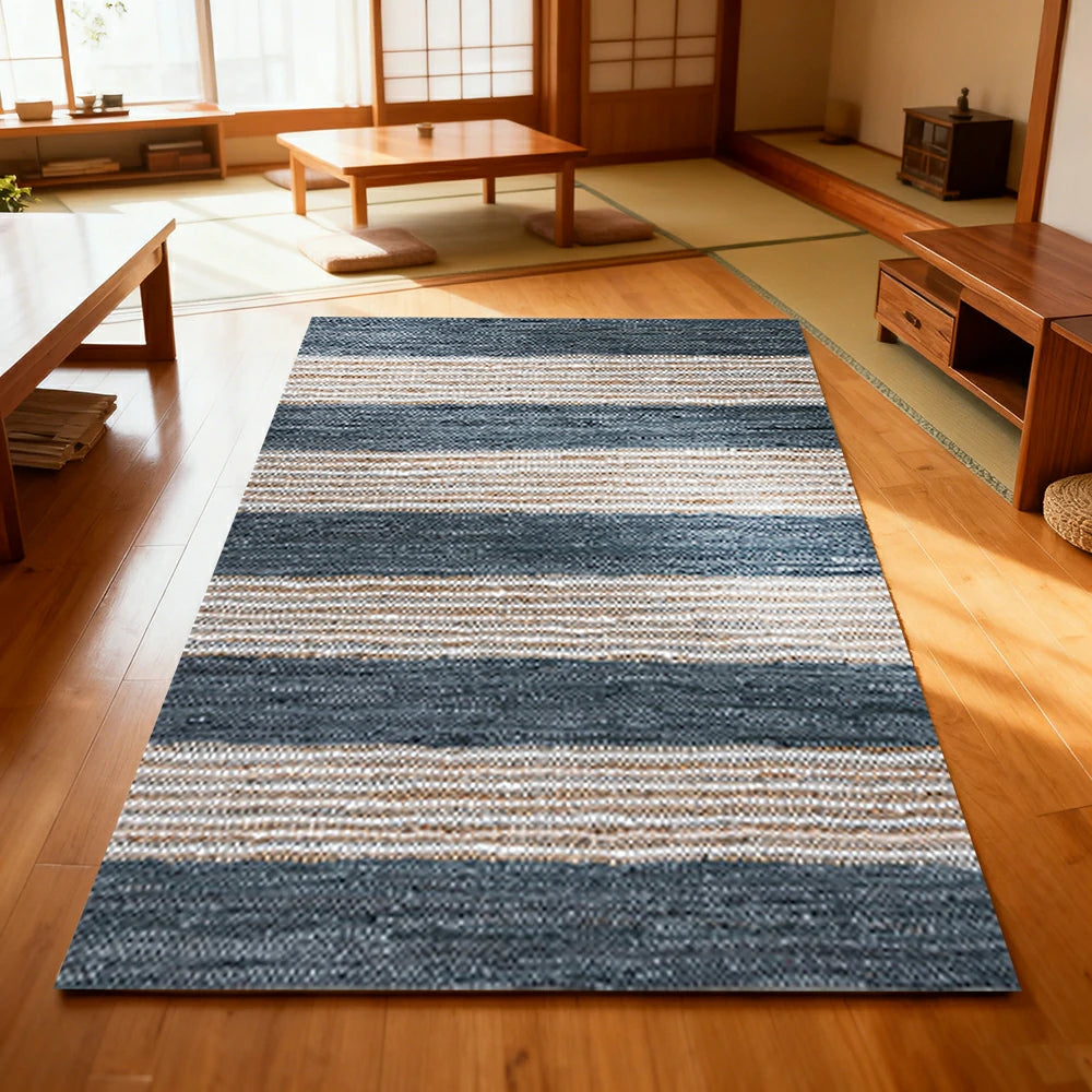 LIVARA 160/200cm Blue-Grey Stripe Loop-Pile Rug - Non-Slip Eco Cotton-Latex Backing, Soft & Durable, Easy to Clean - Coastal Sand Blue