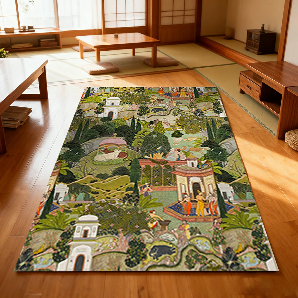 LIVARA 160/200cm Vintage Palace-Art Loop-Pile Rug - Non-Slip Eco Cotton-Latex Backing, Soft & Durable, Easy to Clean - Garden Tapestry Print