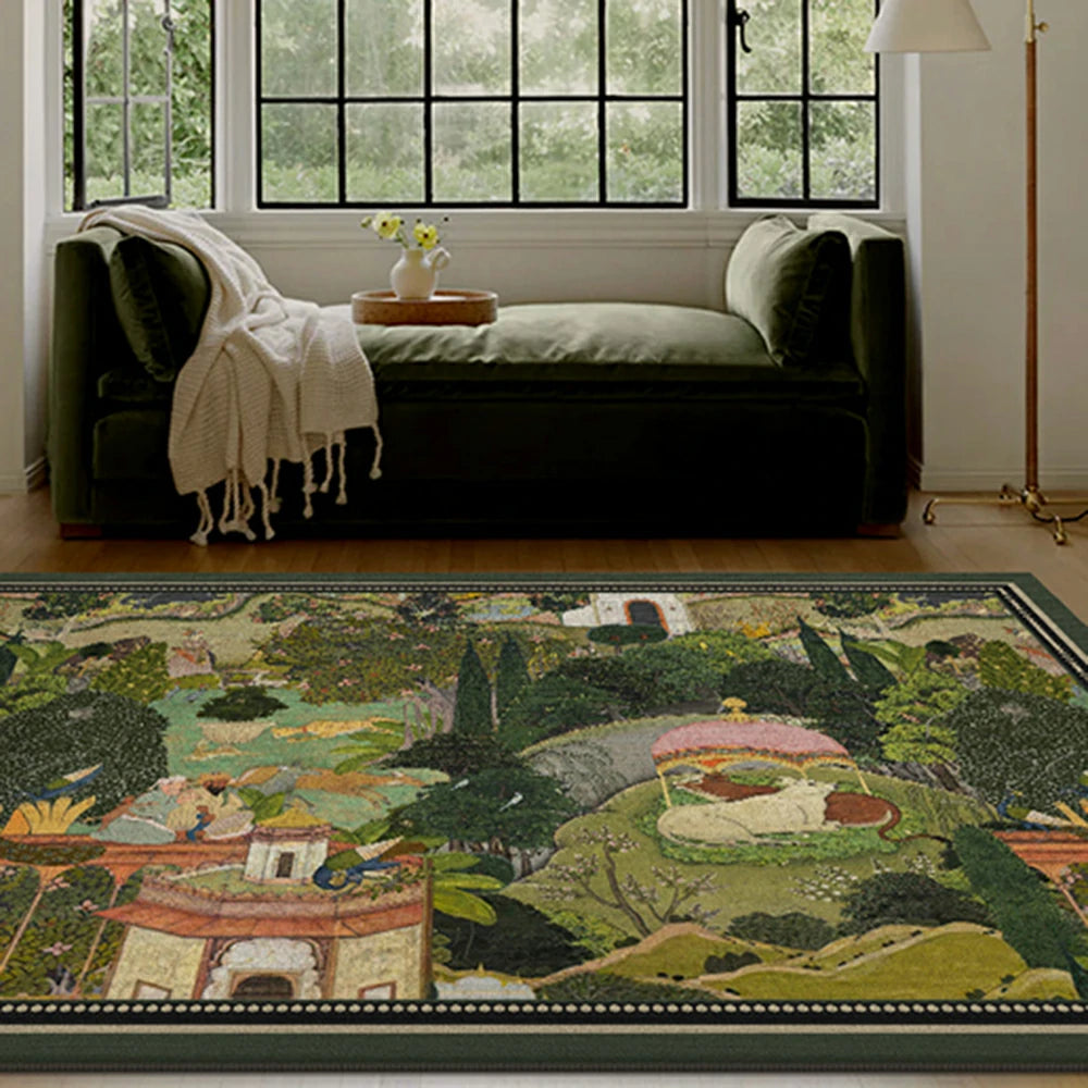 LIVARA 160/200cm Vintage Border Palace-Art Loop-Pile Rug - Non-Slip Eco Cotton-Latex Backing, Soft & Durable, Easy to Clean - Classic Garden Green