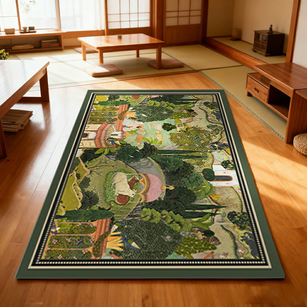 LIVARA 160/200cm Vintage Border Palace-Art Loop-Pile Rug - Non-Slip Eco Cotton-Latex Backing, Soft & Durable, Easy to Clean - Classic Garden Green