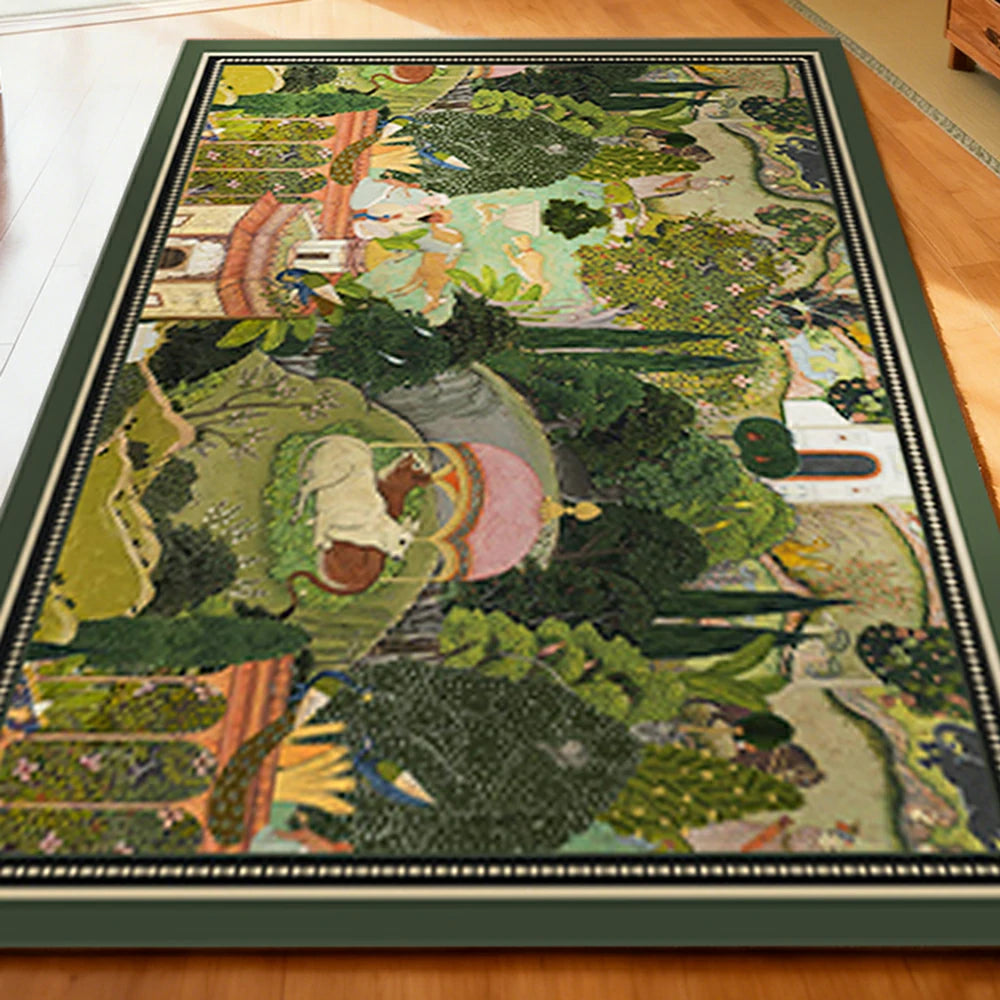 LIVARA 160/200cm Vintage Border Palace-Art Loop-Pile Rug - Non-Slip Eco Cotton-Latex Backing, Soft & Durable, Easy to Clean - Classic Garden Green