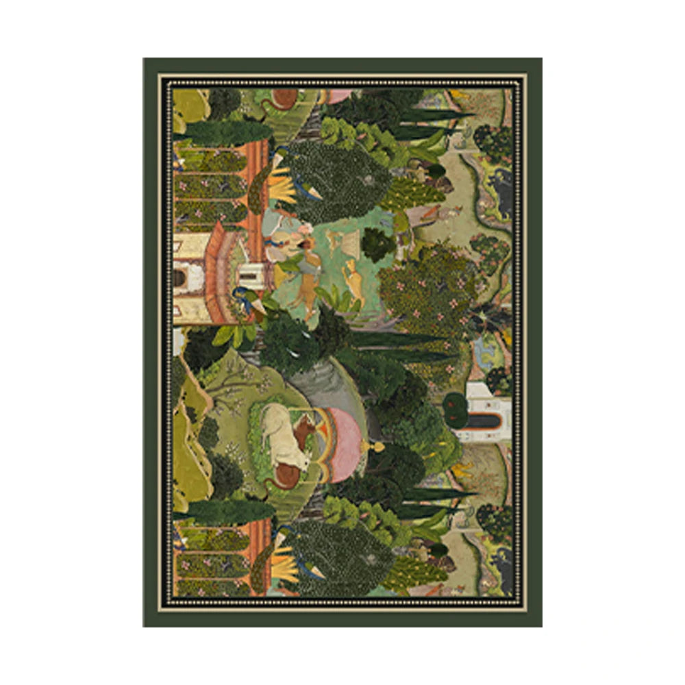 LIVARA 160/200cm Vintage Border Palace-Art Loop-Pile Rug - Non-Slip Eco Cotton-Latex Backing, Soft & Durable, Easy to Clean - Classic Garden Green