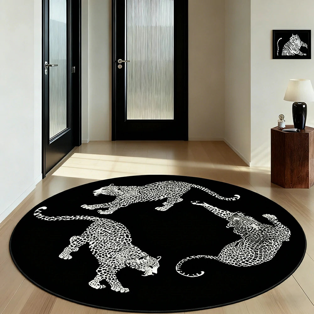 LIVARA 160/200cm Round Leopard-Print Loop-Pile Rug - Non-Slip Eco Cotton-Latex Backing, Soft & Durable, Easy to Clean - Black