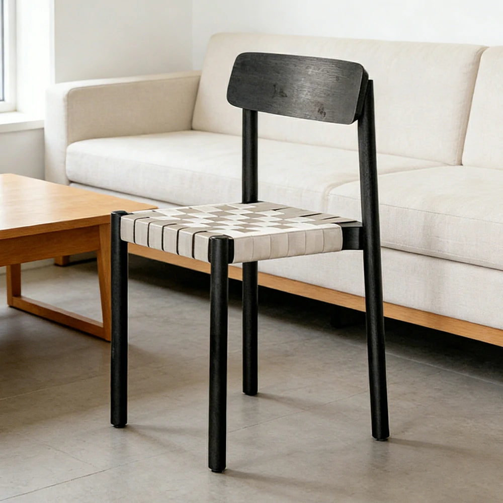 LIVARA Modern Wooden Dining Chair - Solid Ash Wood Frame with Woven Nylon Seat, Breathable Comfort, Minimalist Timeless Design - Black Ash & Khaki Weave