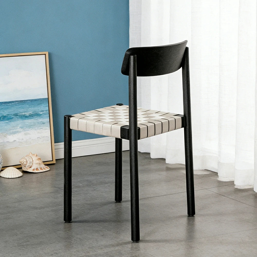 LIVARA Modern Wooden Dining Chair - Solid Ash Wood Frame with Woven Nylon Seat, Breathable Comfort, Minimalist Timeless Design - Black Ash & Khaki Weave