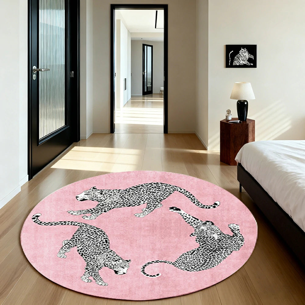 LIVARA 160/200cm Round Leopard-Print Loop-Pile Rug - Non-Slip Eco Cotton-Latex Backing, Soft & Durable, Easy to Clean - Pink