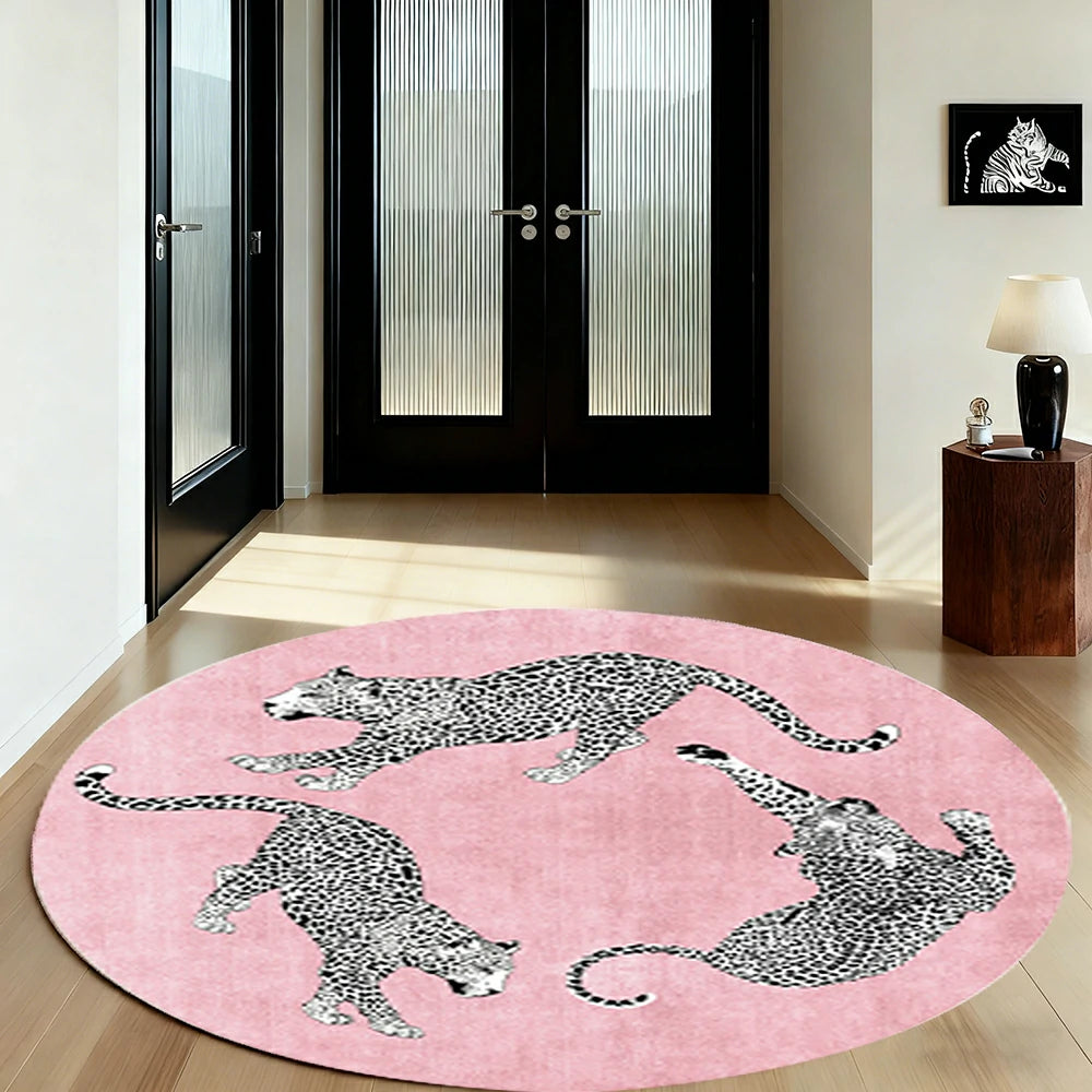 LIVARA 160/200cm Round Leopard-Print Loop-Pile Rug - Non-Slip Eco Cotton-Latex Backing, Soft & Durable, Easy to Clean - Pink