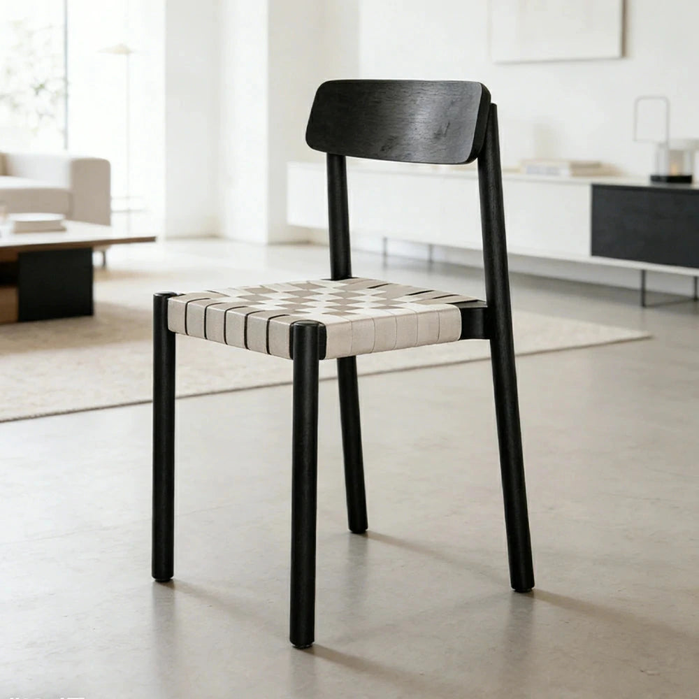 LIVARA Modern Wooden Dining Chair - Solid Ash Wood Frame with Woven Nylon Seat, Breathable Comfort, Minimalist Timeless Design - Black Ash & Beige Weave