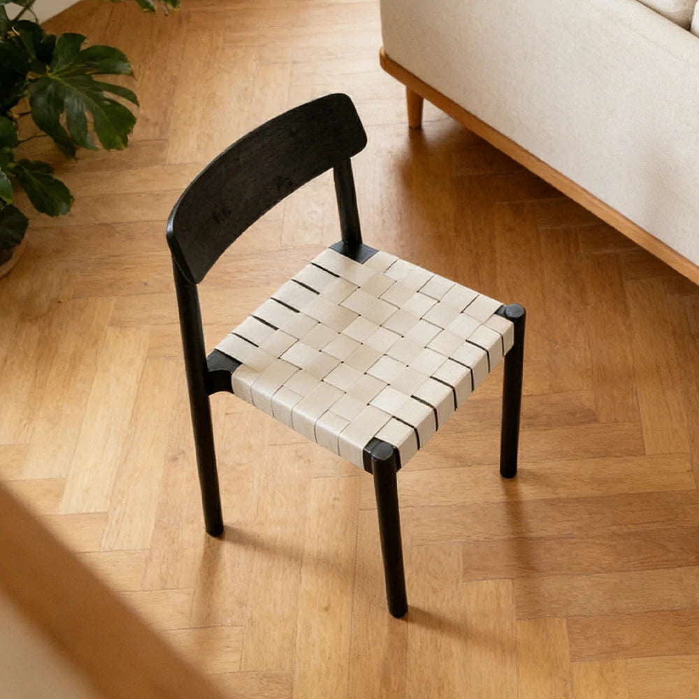 LIVARA Modern Wooden Dining Chair - Solid Ash Wood Frame with Woven Nylon Seat, Breathable Comfort, Minimalist Timeless Design - Black Ash & Beige Weave