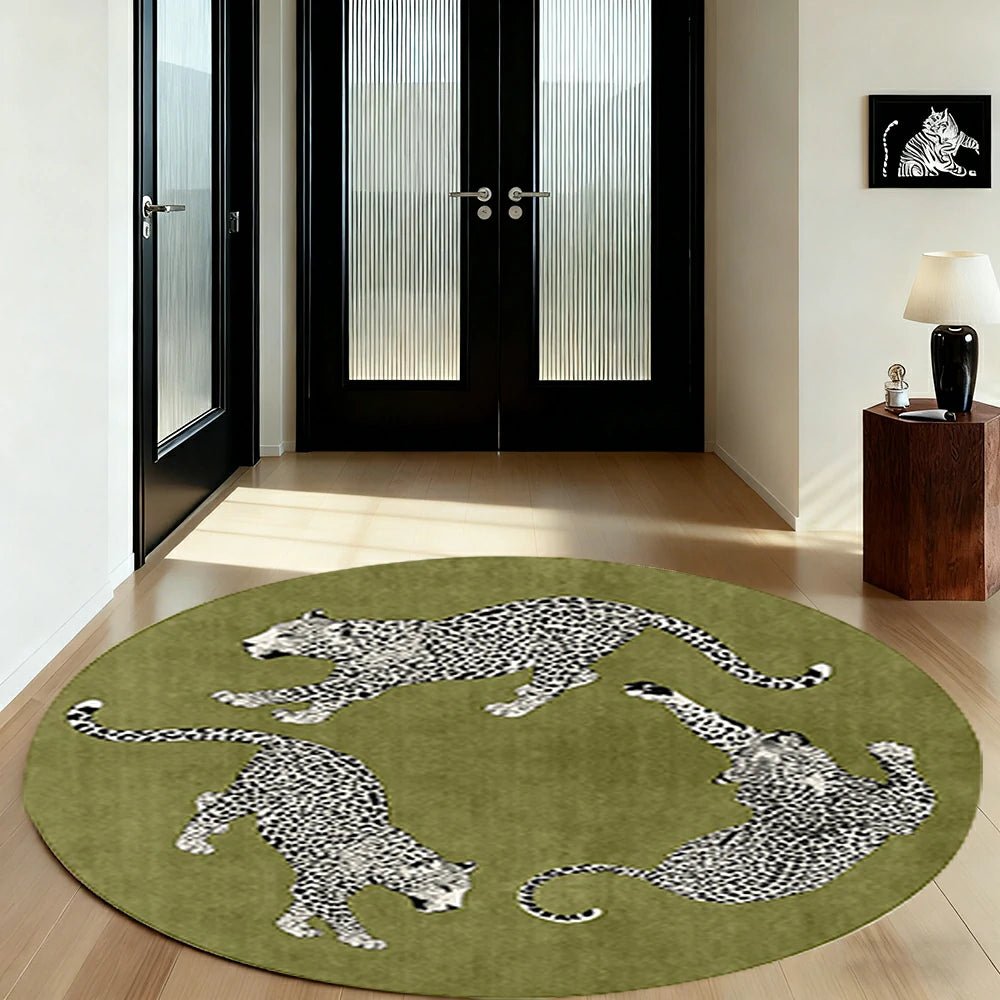LIVARA 160/200cm Round Leopard-Print Loop-Pile Rug - Non-Slip Eco Cotton-Latex Backing, Soft & Durable, Easy to Clean - Green
