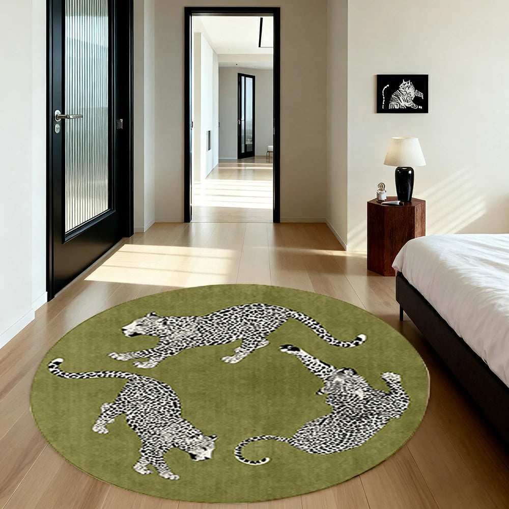 LIVARA 160/200cm Round Leopard-Print Loop-Pile Rug - Non-Slip Eco Cotton-Latex Backing, Soft & Durable, Easy to Clean - Green