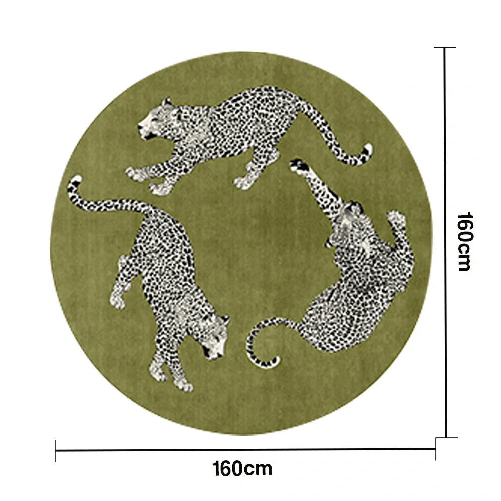 LIVARA 160/200cm Round Leopard-Print Loop-Pile Rug - Non-Slip Eco Cotton-Latex Backing, Soft & Durable, Easy to Clean - Green