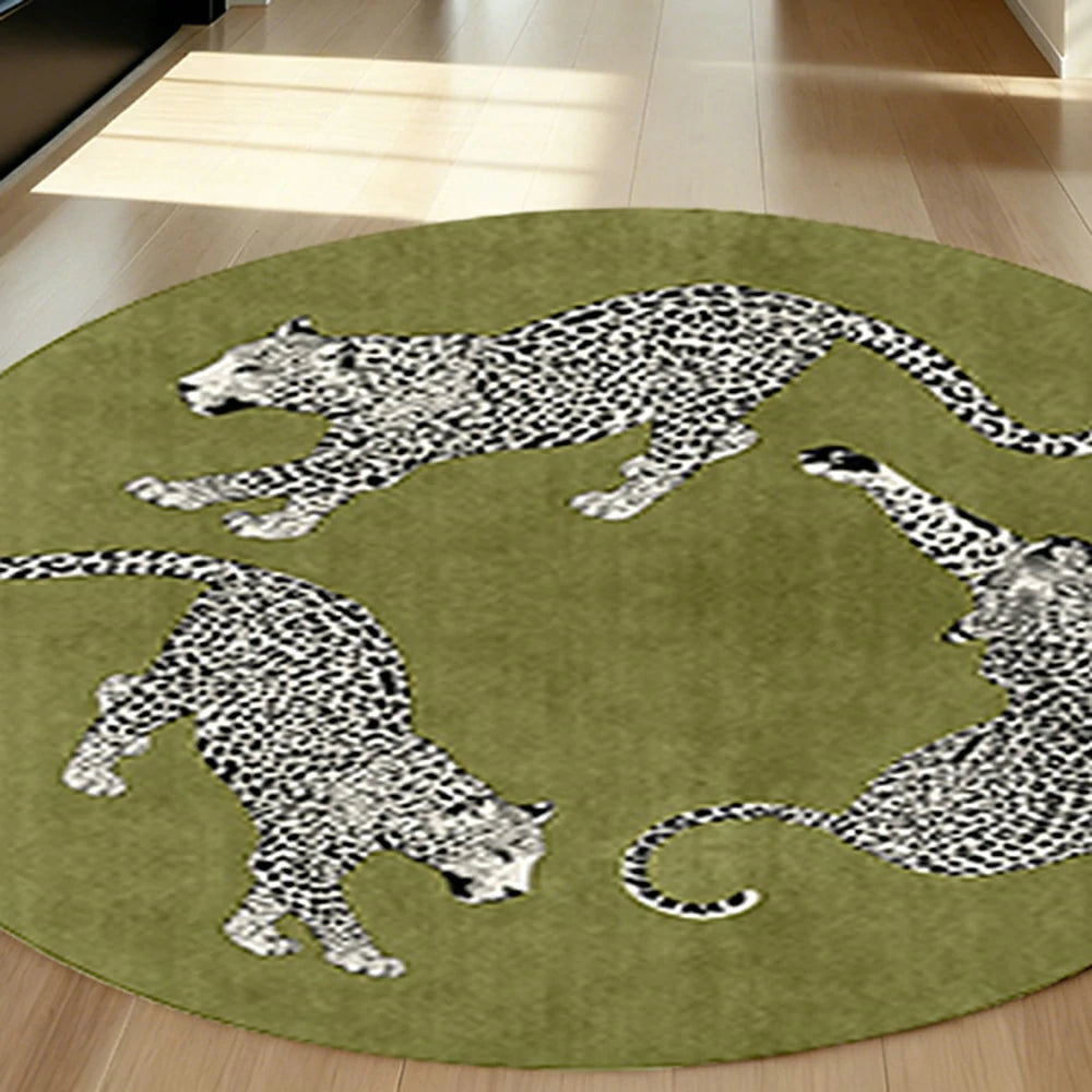 LIVARA 160/200cm Round Leopard-Print Loop-Pile Rug - Non-Slip Eco Cotton-Latex Backing, Soft & Durable, Easy to Clean - Green