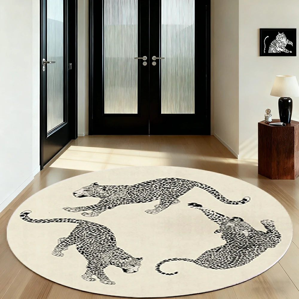 LIVARA 160/200cm Round Leopard-Print Loop-Pile Rug - Non-Slip Eco Cotton-Latex Backing, Soft & Durable, Easy to Clean - Beige