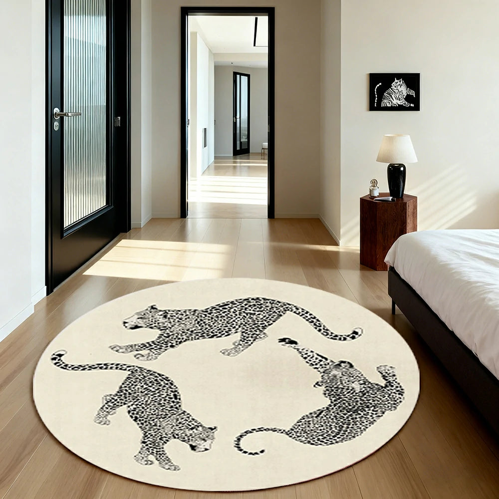 LIVARA 160/200cm Round Leopard-Print Loop-Pile Rug - Non-Slip Eco Cotton-Latex Backing, Soft & Durable, Easy to Clean - Beige