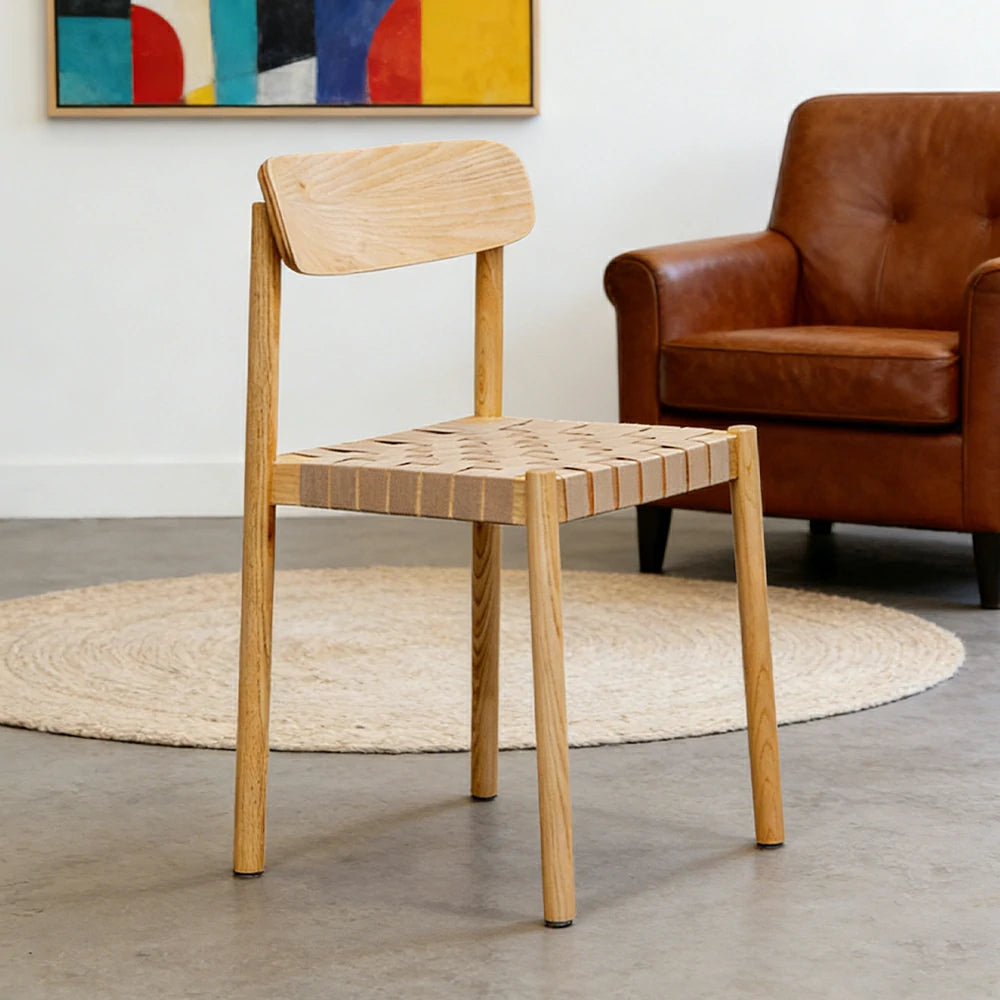 LIVARA Modern Wooden Dining Chair - Solid Ash Wood Frame with Woven Nylon Seat, Breathable Comfort, Minimalist Timeless Design - Natural Ash & Beige Weave
