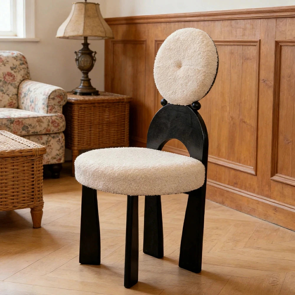 LIVARA Modern Accent Chair A Style - Rubber Wood Frame with Teddy Fabric Upholstery, Sculptural Backrest Design, Comfortable 46cm Seat Height - Ivory & Black