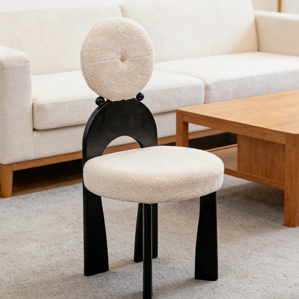 LIVARA Modern Accent Chair A Style - Rubber Wood Frame with Teddy Fabric Upholstery, Sculptural Backrest Design, Comfortable 46cm Seat Height - Ivory & Black