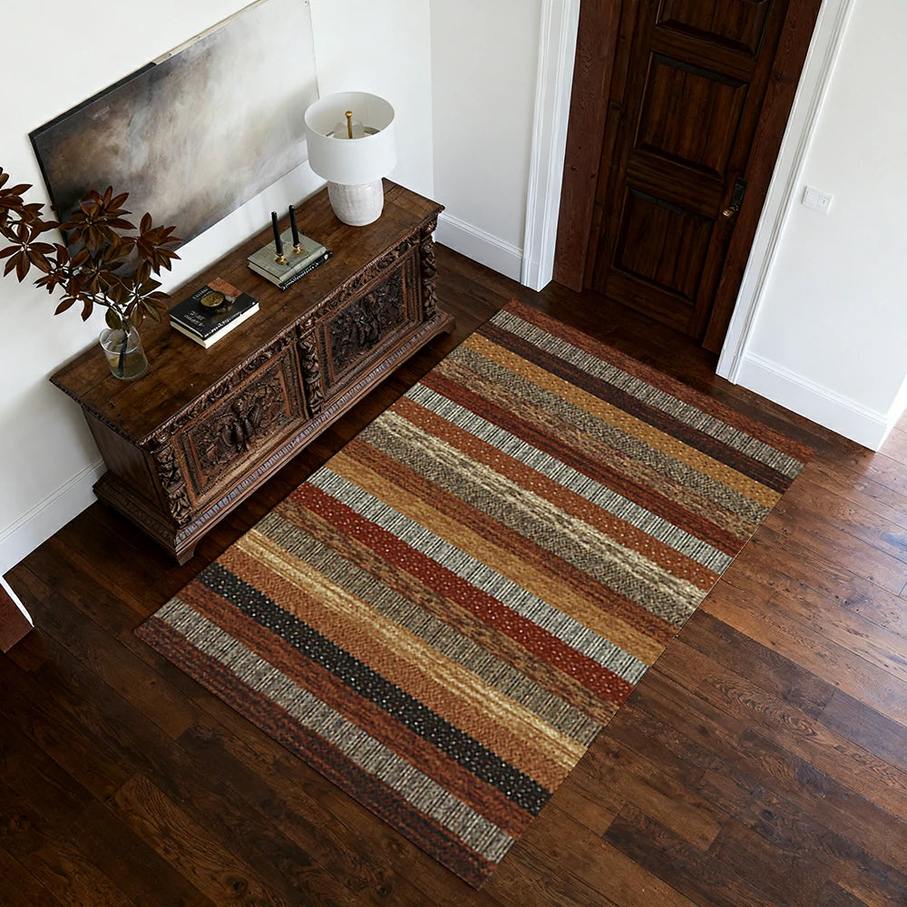 LIVARA 160/200cm Gabbeh Warm-Stripe Loop-Pile Rug - Upgraded Non-Slip Eco Cotton-Latex Backing - Waterproof, Stain-Resistant, Soft & Durable - Warm Brown Multi