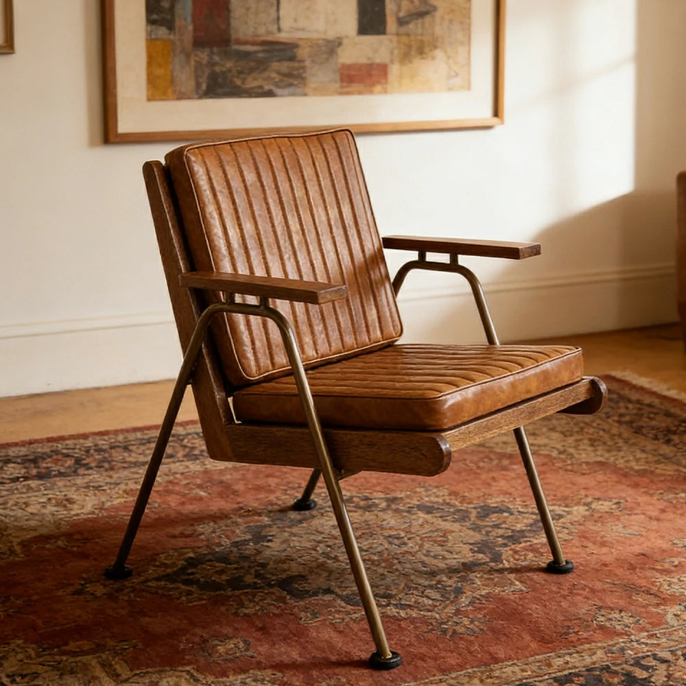 LIVARA Vintage Industrial Accent Armchair - PU Leather Upholstery with Padded Seat, Solid Wood Armrests, Sturdy Metal Frame for Living & Lounge Spaces - Brown