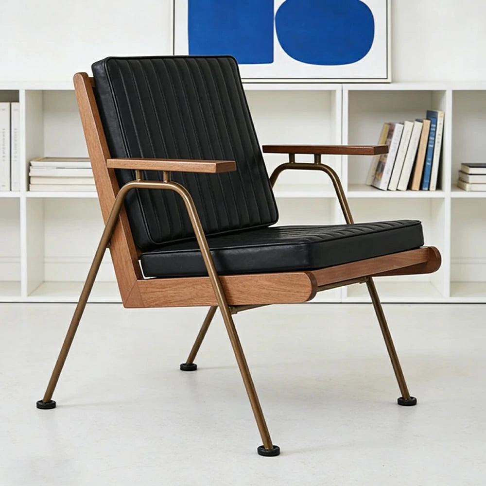 LIVARA Vintage Industrial Accent Armchair - PU Leather Upholstery with Padded Seat, Solid Wood Armrests, Sturdy Metal Frame for Living & Lounge Spaces - Black