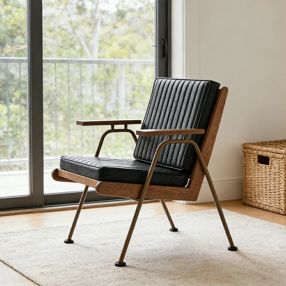 LIVARA Vintage Industrial Accent Armchair - PU Leather Upholstery with Padded Seat, Solid Wood Armrests, Sturdy Metal Frame for Living & Lounge Spaces - Black