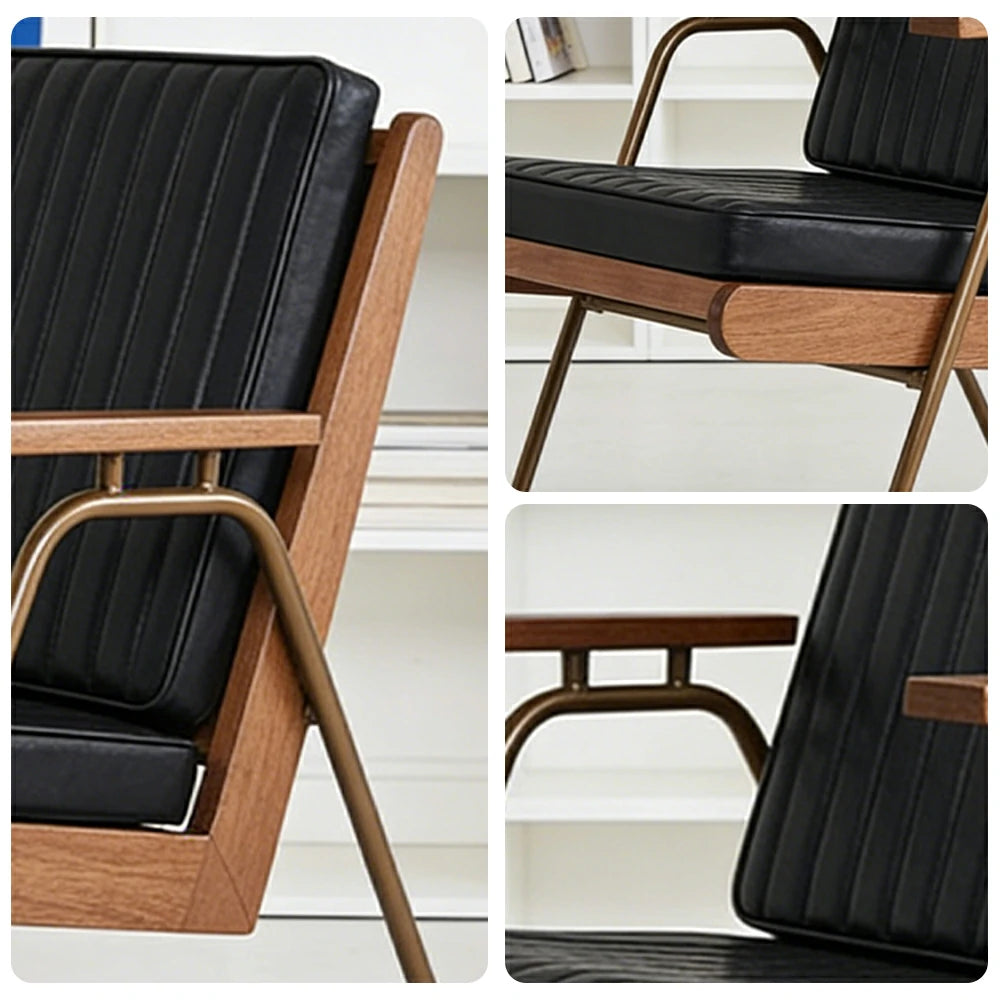 LIVARA Vintage Industrial Accent Armchair - PU Leather Upholstery with Padded Seat, Solid Wood Armrests, Sturdy Metal Frame for Living & Lounge Spaces - Black