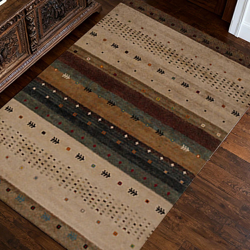 LIVARA 160/200cm Gabbeh Tribal-Stripe Loop-Pile Rug - Upgraded Non-Slip Eco Cotton-Latex Backing - Waterproof, Stain-Resistant, Soft & Durable - Warm Beige