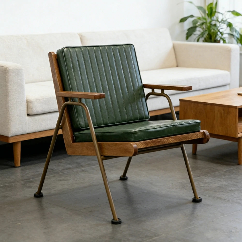 LIVARA Vintage Industrial Accent Armchair - PU Leather Upholstery with Padded Seat, Solid Wood Armrests, Sturdy Metal Frame for Living & Lounge Spaces - Green
