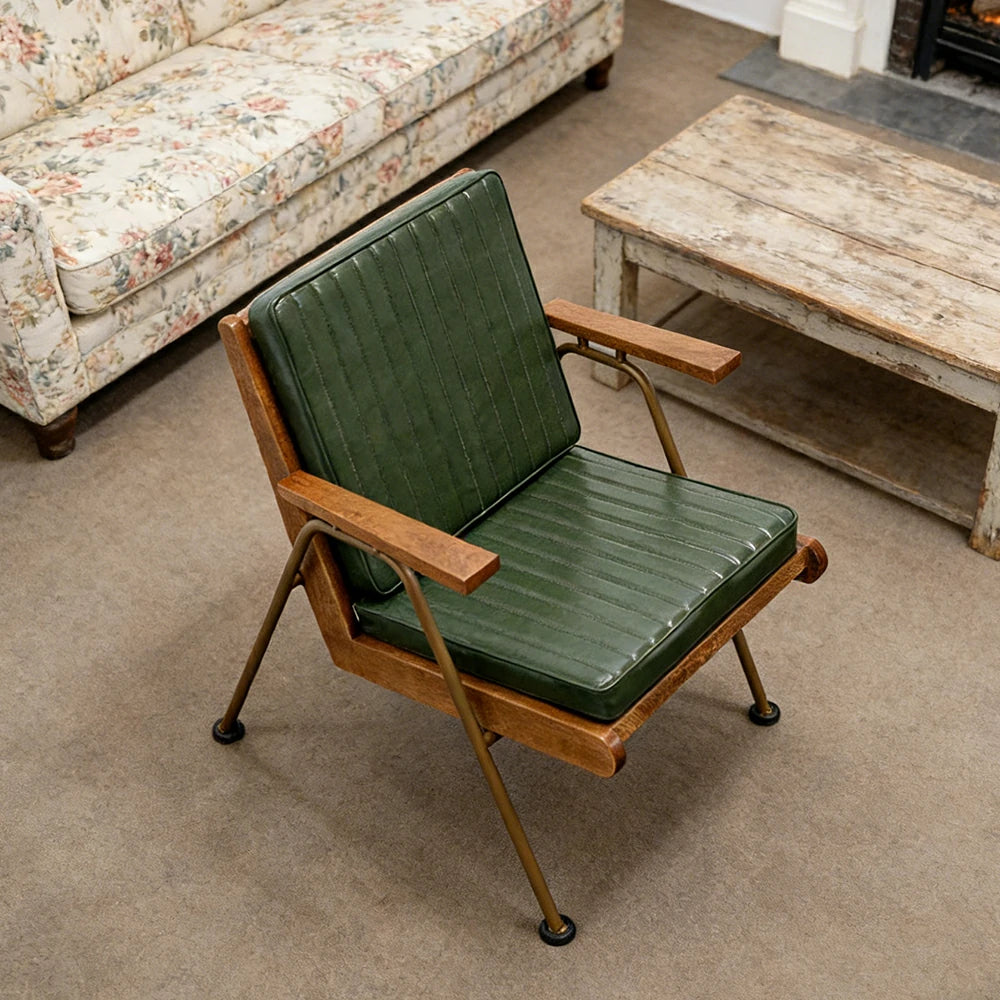 LIVARA Vintage Industrial Accent Armchair - PU Leather Upholstery with Padded Seat, Solid Wood Armrests, Sturdy Metal Frame for Living & Lounge Spaces - Green