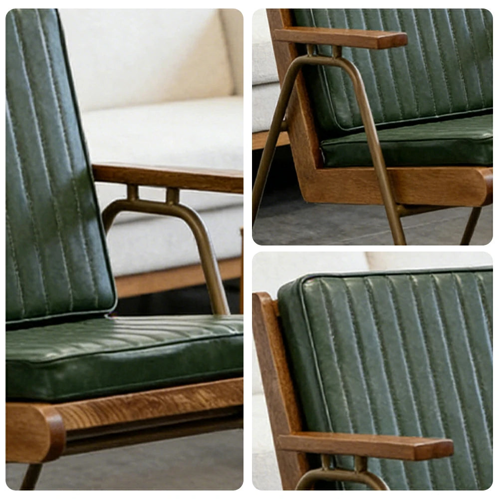 LIVARA Vintage Industrial Accent Armchair - PU Leather Upholstery with Padded Seat, Solid Wood Armrests, Sturdy Metal Frame for Living & Lounge Spaces - Green