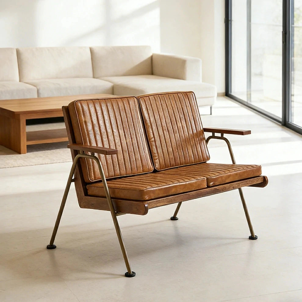 LIVARA Vintage Industrial 2-Seater Sofa Chair - PU Leather Upholstery with Padded Cushions, Solid Wood Armrests, Sturdy Metal Frame for Living & Lounge Spaces - Brown