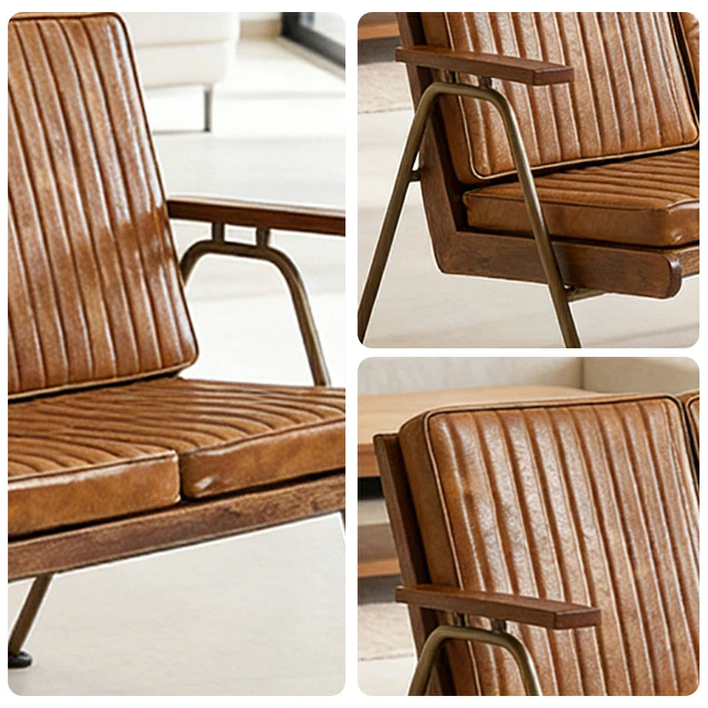 LIVARA Vintage Industrial 2-Seater Sofa Chair - PU Leather Upholstery with Padded Cushions, Solid Wood Armrests, Sturdy Metal Frame for Living & Lounge Spaces - Brown