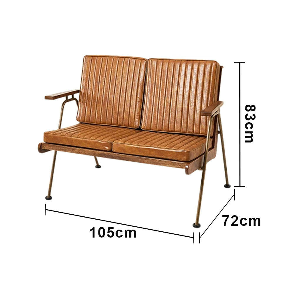 LIVARA Vintage Industrial 2-Seater Sofa Chair - PU Leather Upholstery with Padded Cushions, Solid Wood Armrests, Sturdy Metal Frame for Living & Lounge Spaces - Brown