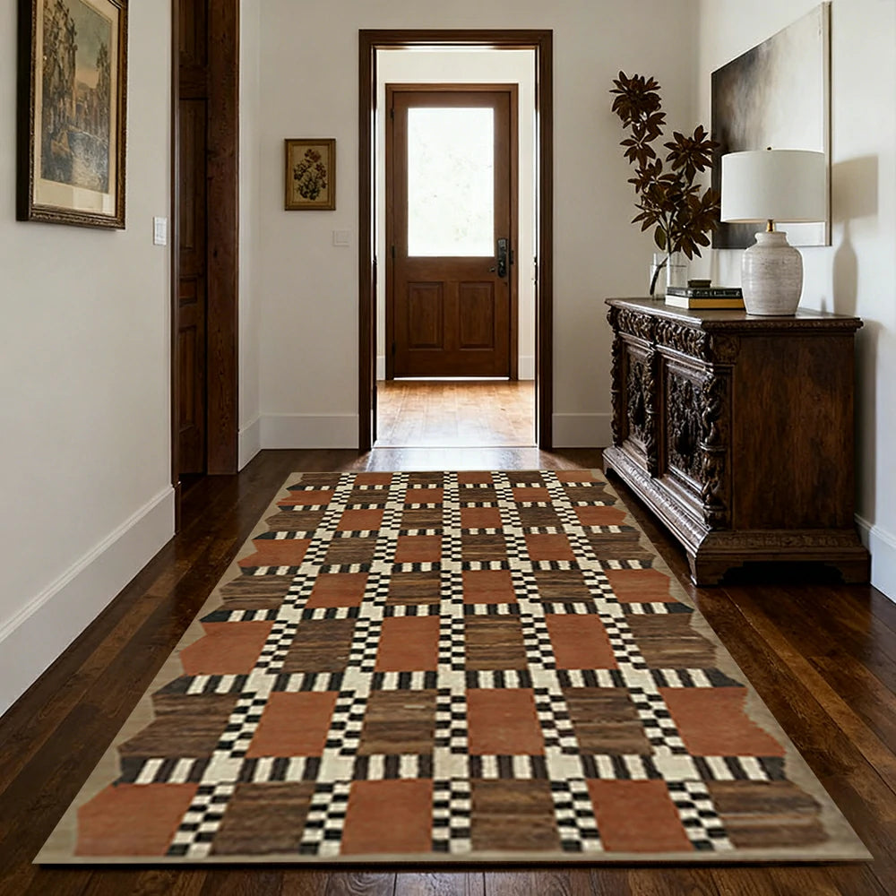 LIVARA 160/200cm Gabbeh Checker-Pattern Loop-Pile Rug - Non-Slip Eco Cotton-Latex Backing - Waterproof, Stain-Resistant, Soft & Durable - Terracotta Brown